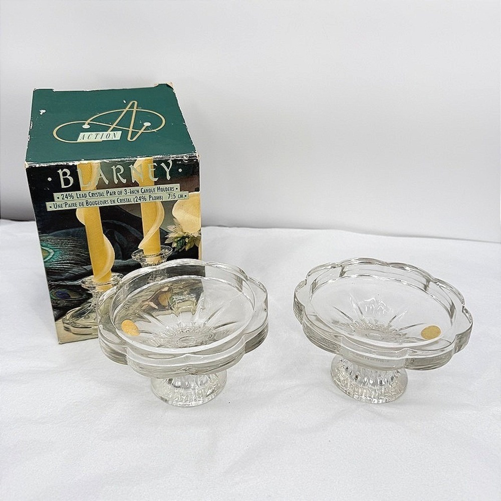 VTG 24% Lead Crystal Candle Holders Blarney Scalloped w/ Box Pair 3in Elegant